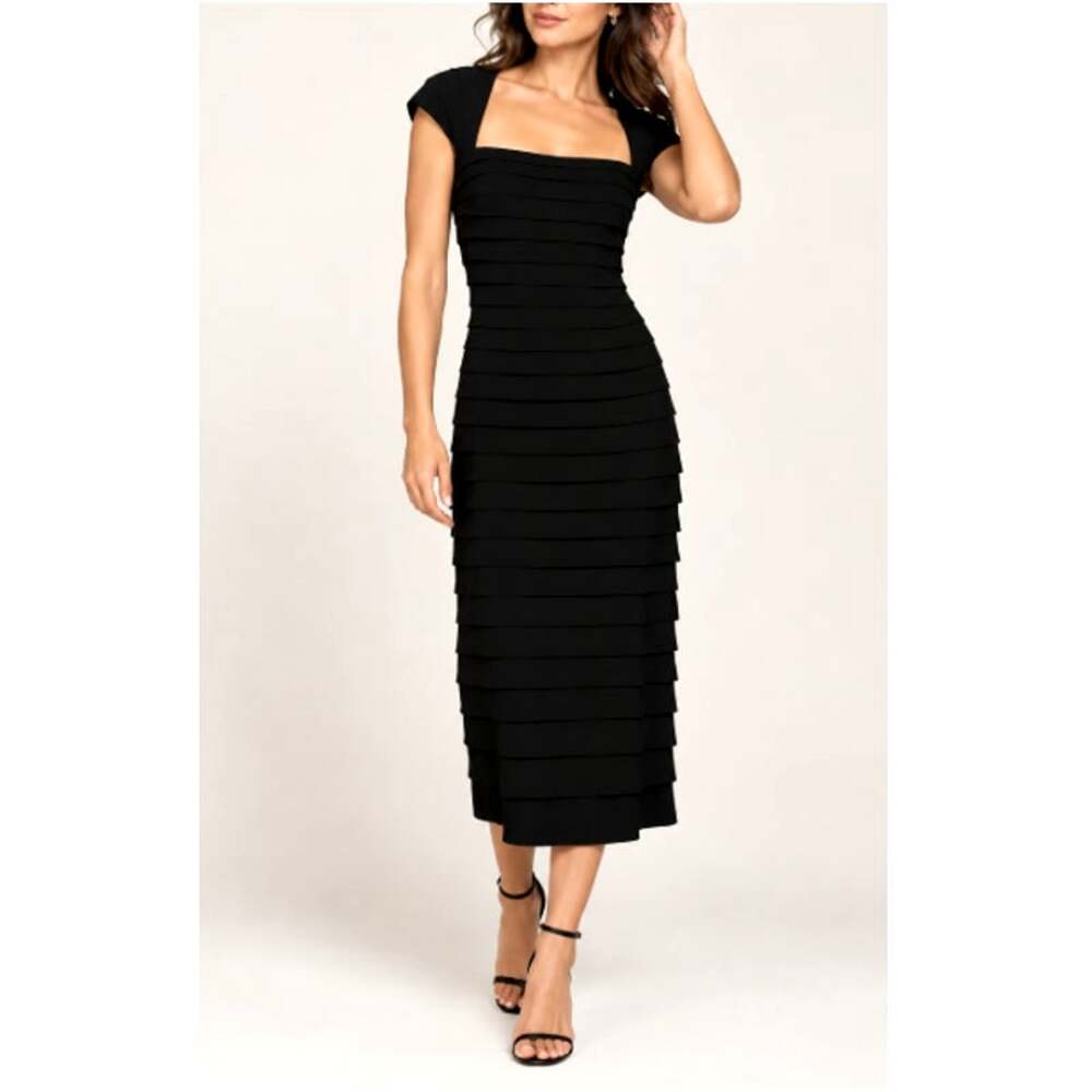 Ralph Lauren Shutter Tiered Pleating Stretch Cocktail Dress Black Size 6